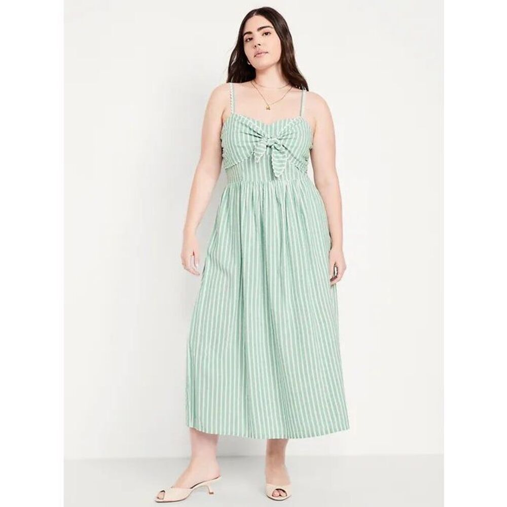 NWT! Old Navy Fit & Flare Tie-Front Seersucker Midi Dress Green Stripe Size XXL
